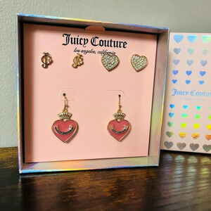 Juicy Couture 3 Pair Heart Earrings Set Crown Pink Rhinestone Stud NWT